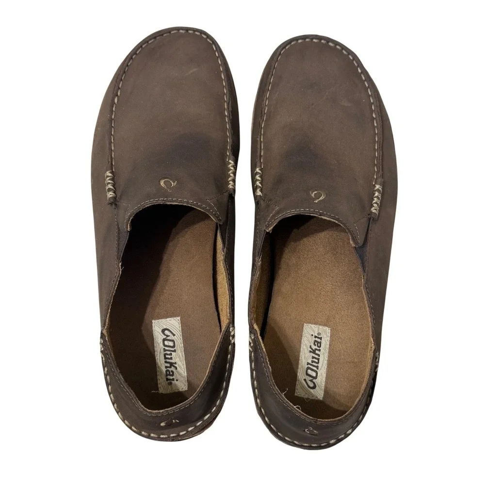 OluKai Moloa Slip On Loafers Mens 14 Dark Wood Brown Good Leather Drop In Heel